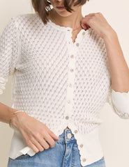 (HOLD) White Pointelle Crew Neck Cardigan