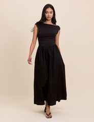 Black Draped Off Shoulder Beth Midi Dress