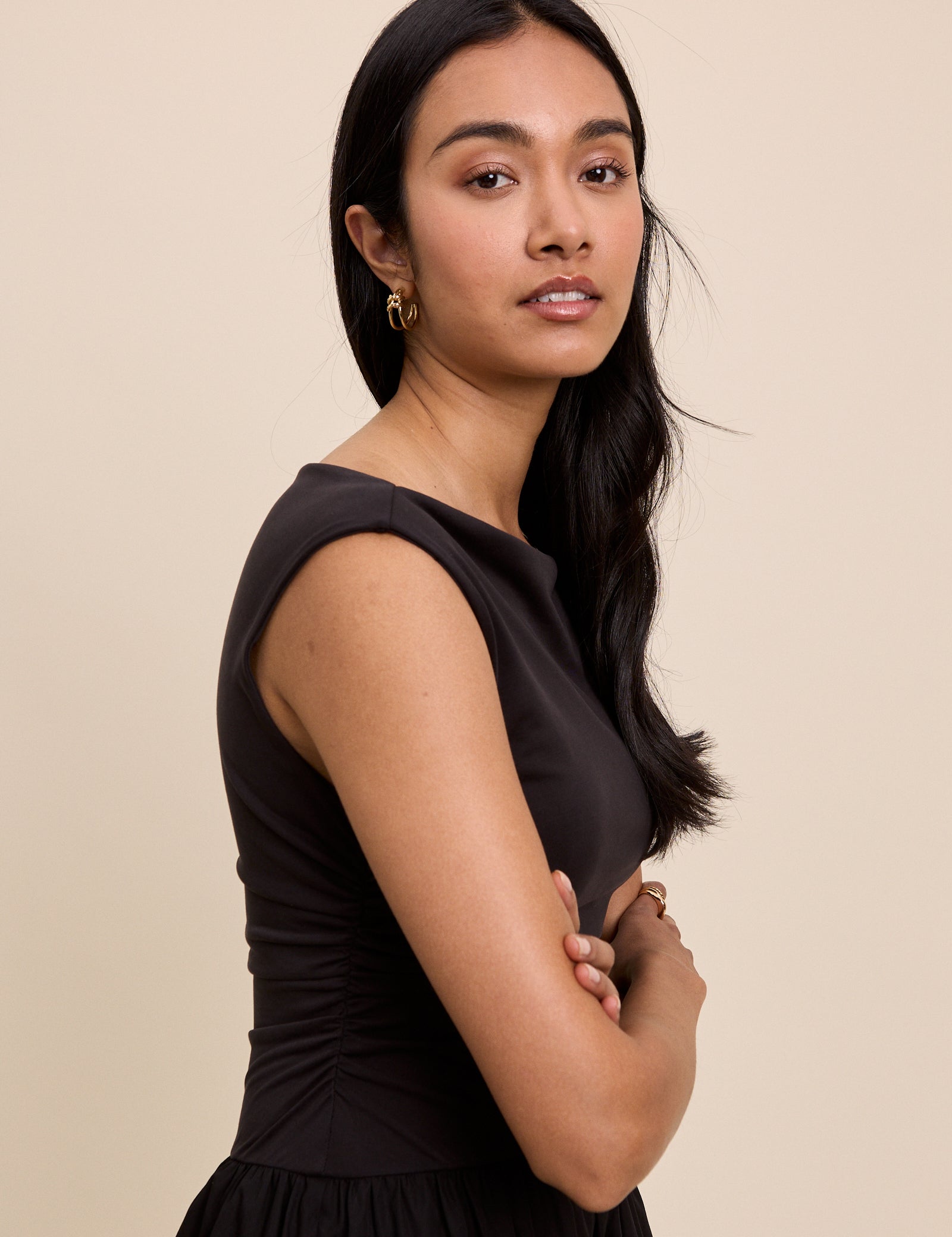 Black Draped Off Shoulder Beth Midi Dress