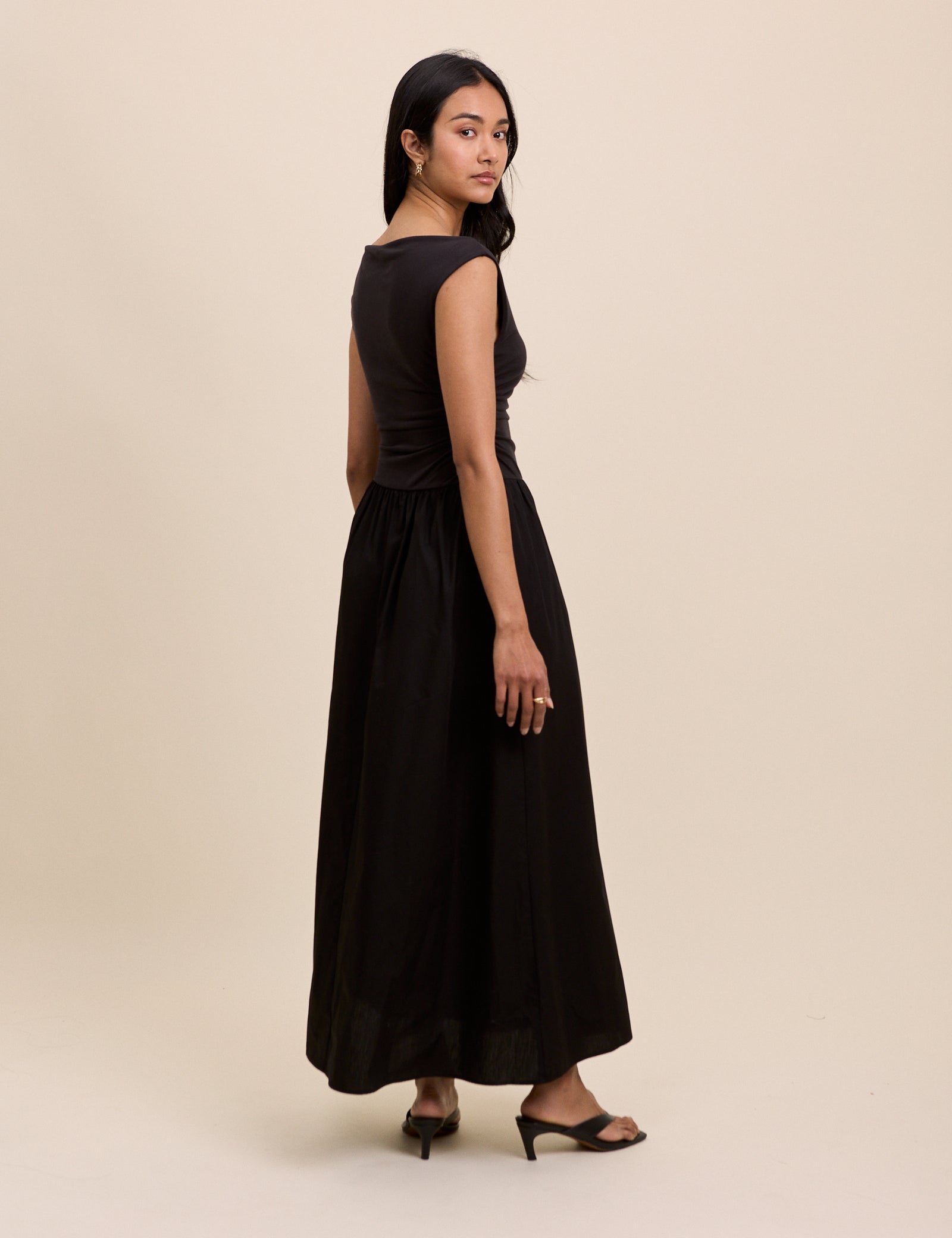 Black Draped Off Shoulder Beth Midi Dress