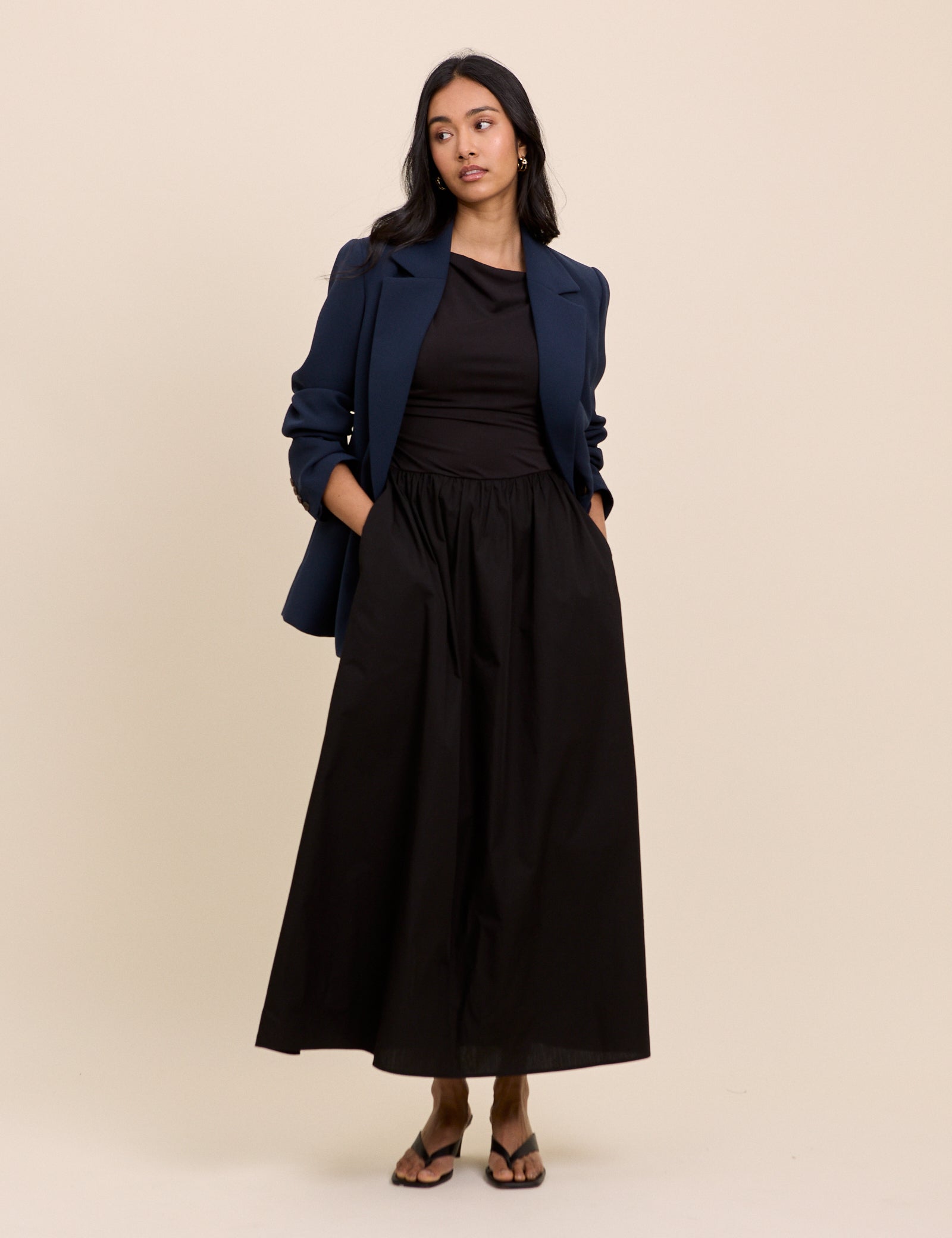 Black Draped Off Shoulder Beth Midi Dress