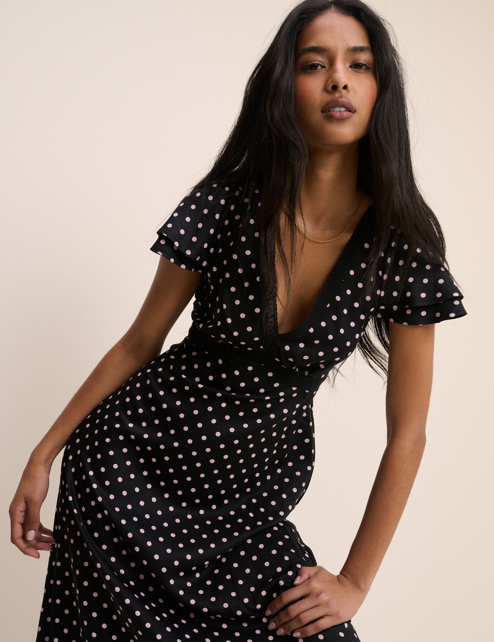 Black Polka Dot Lace Trim Iris Midi Dress