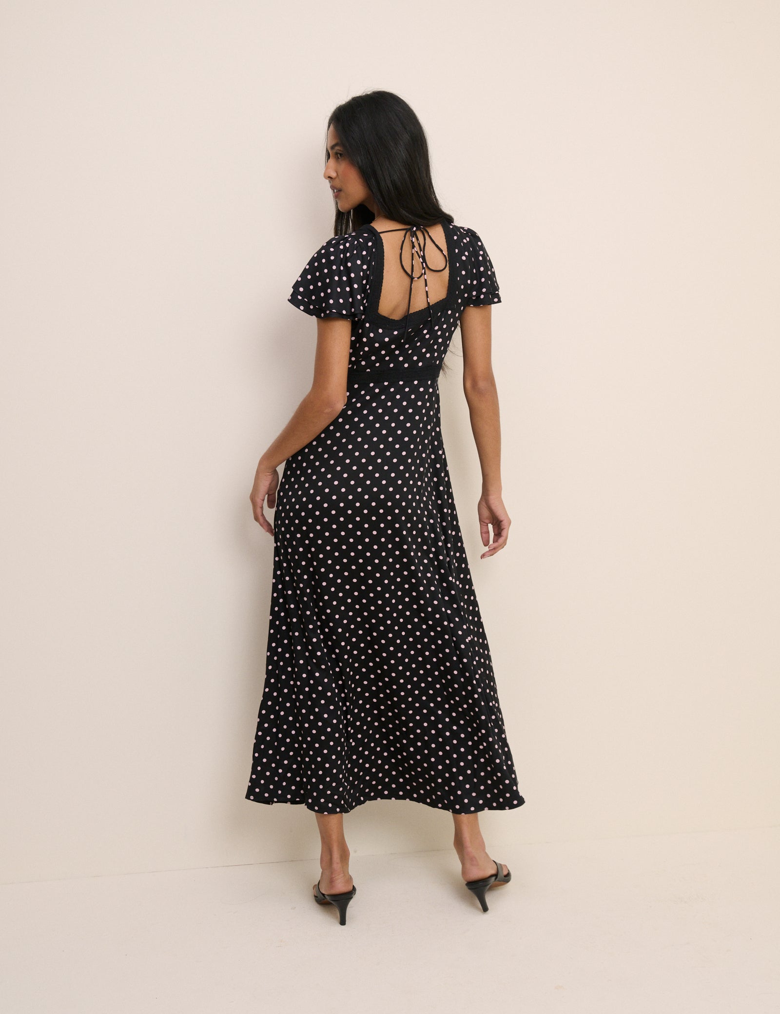 Black Polka Dot Lace Trim Iris Midi Dress