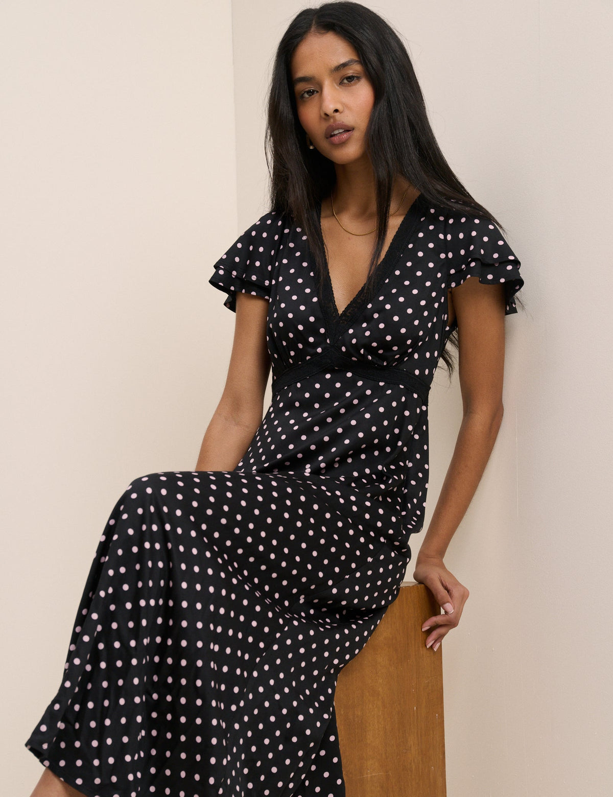 Black Polka Dot Lace Trim Iris Midi Dress