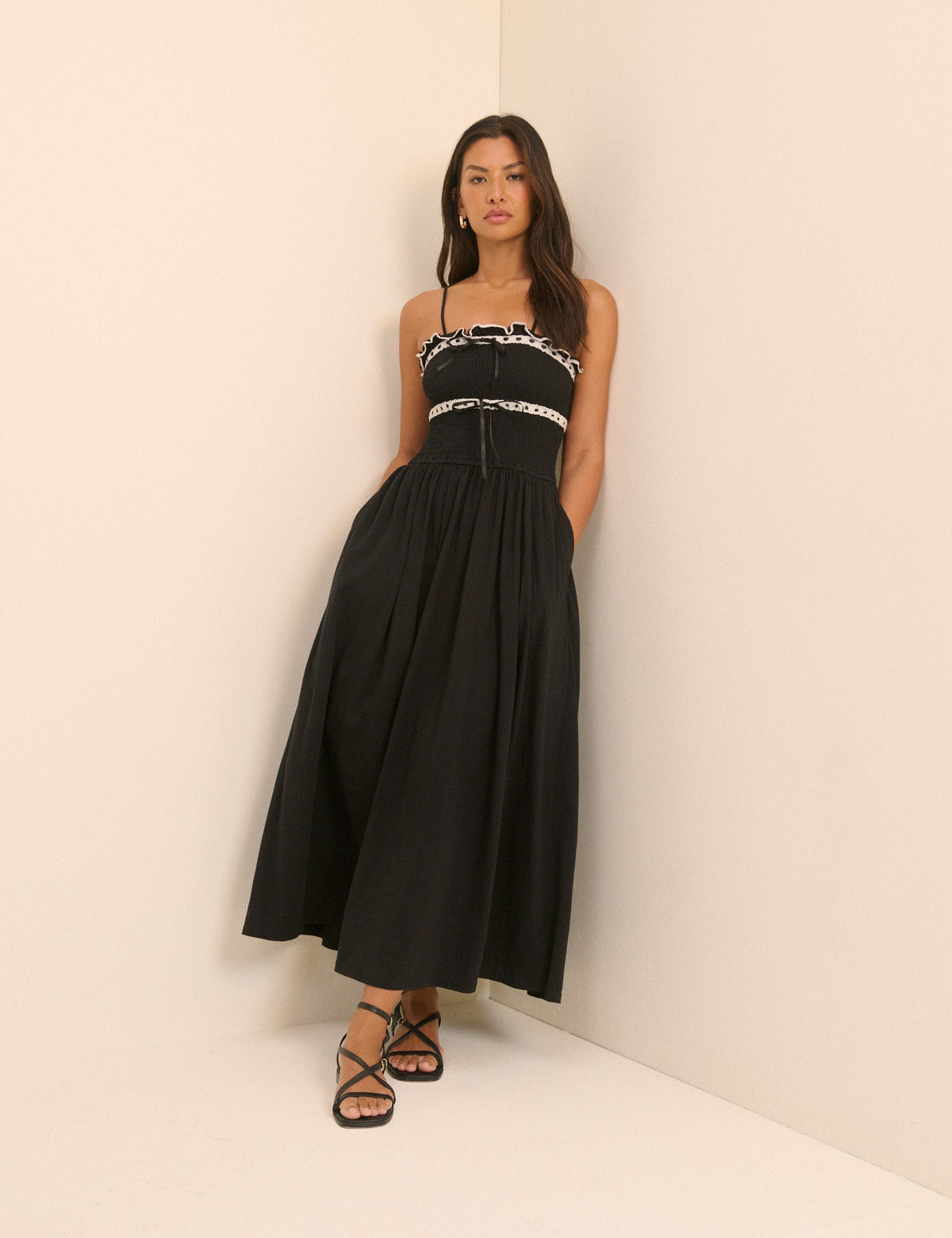 Black Shirred Ruffle Trim Ferne Midi Dress