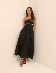 Black Shirred Ruffle Trim Ferne Midi Dress
