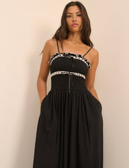 Black Shirred Ruffle Trim Ferne Midi Dress