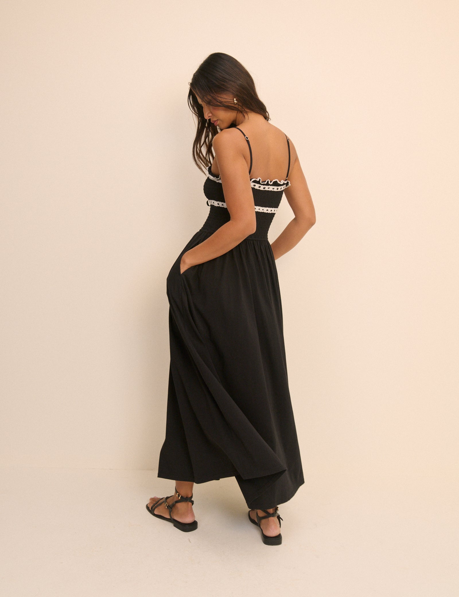 Black Shirred Ruffle Trim Ferne Midi Dress