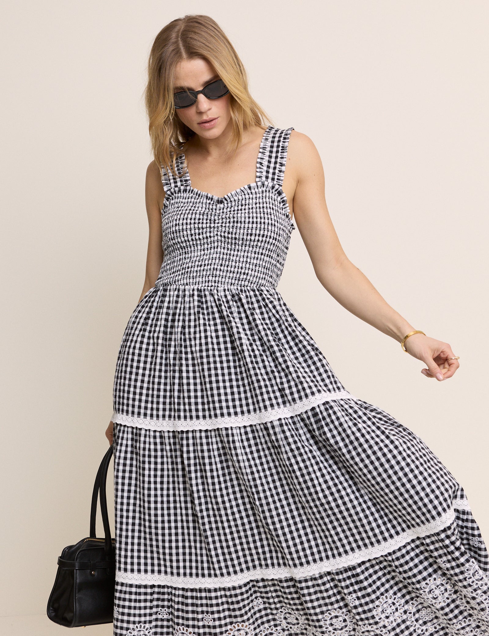 Black Gingham Shirred Tiered Darla Maxi Dress