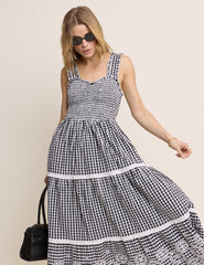 Black Gingham Shirred Tiered Darla Maxi Dress