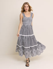 Black Gingham Shirred Tiered Darla Maxi Dress