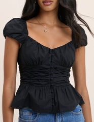 Black Ruched Puff Sleeve Caia Top