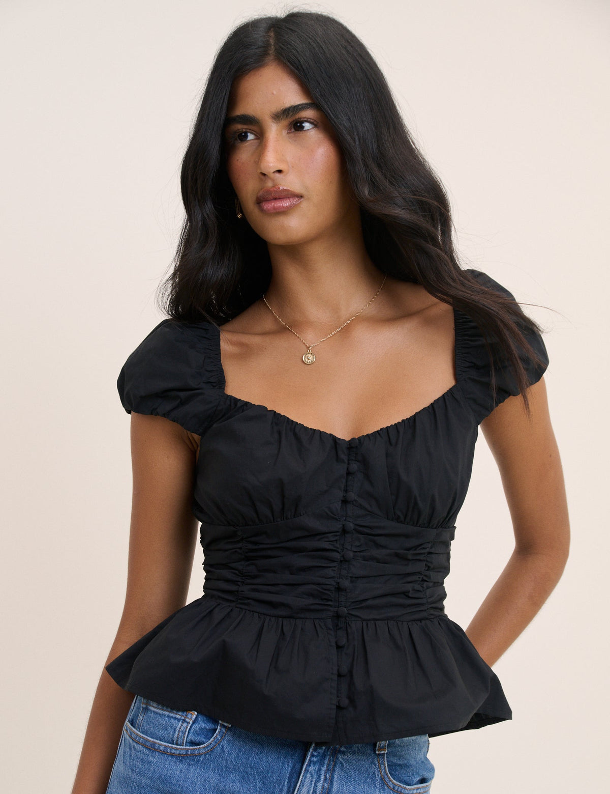 Black Ruched Puff Sleeve Caia Top