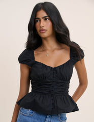 Black Ruched Puff Sleeve Caia Top