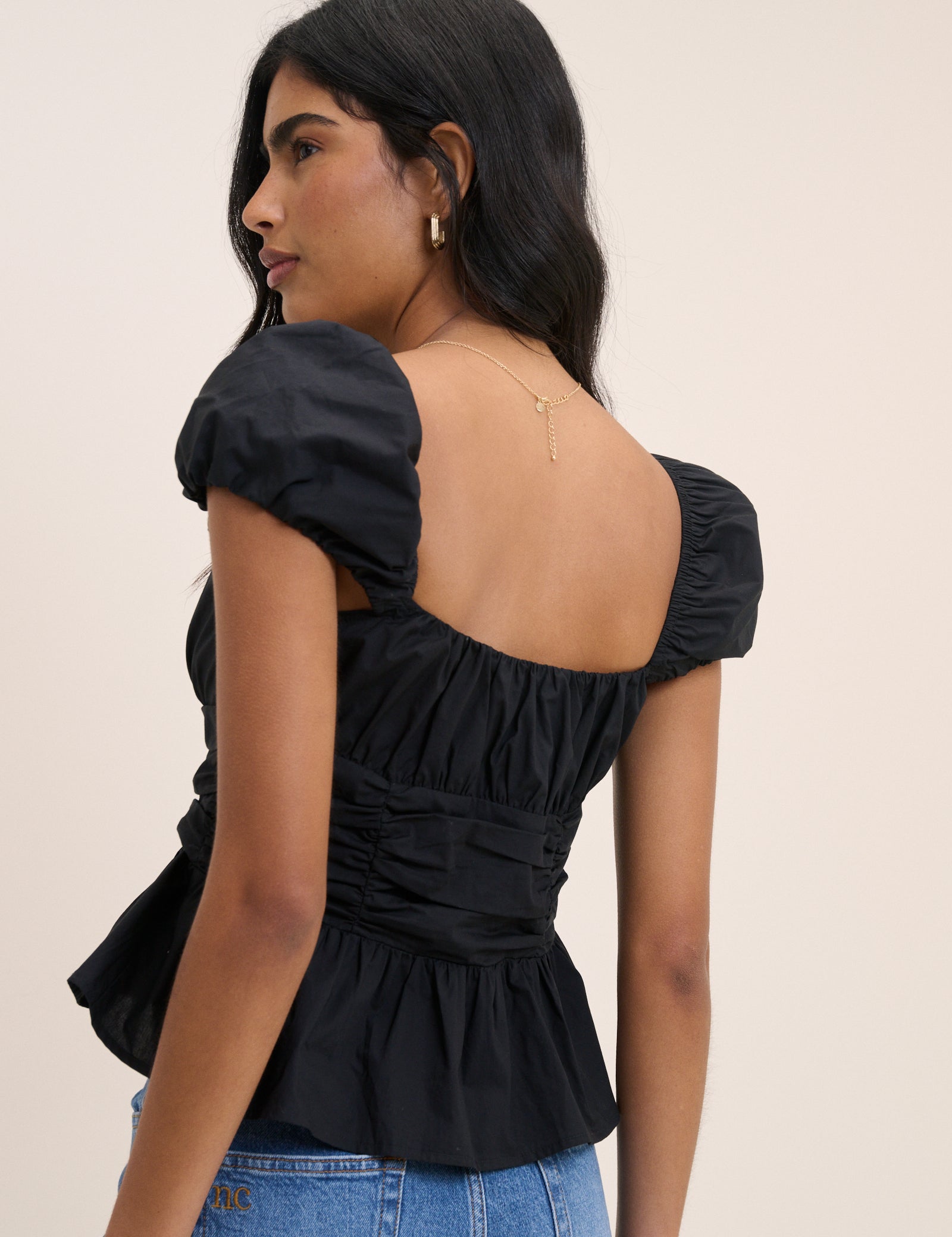 Black Ruched Puff Sleeve Caia Top