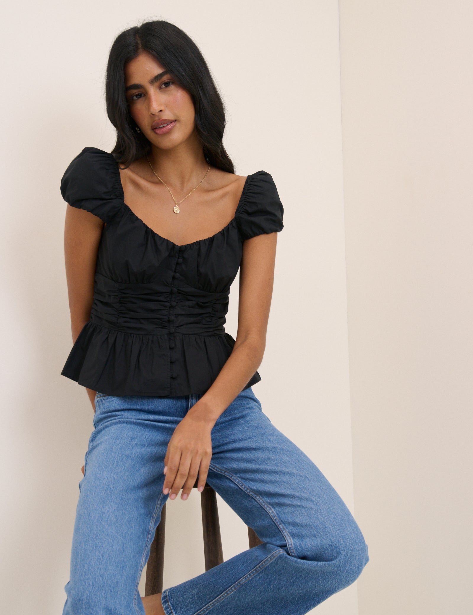 Black Ruched Puff Sleeve Caia Top