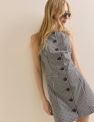 Black Gingham Boat Neck Tailored Mini Dress