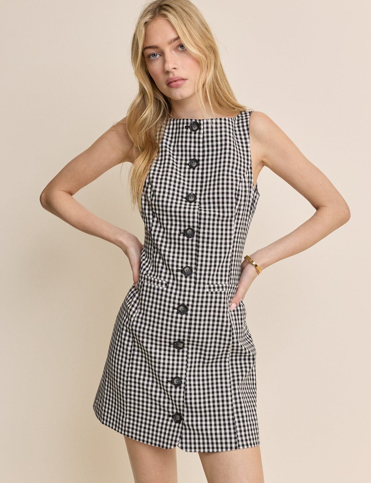 Black Gingham Boat Neck Tailored Mini Dress