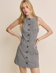 Black Gingham Boat Neck Tailored Mini Dress