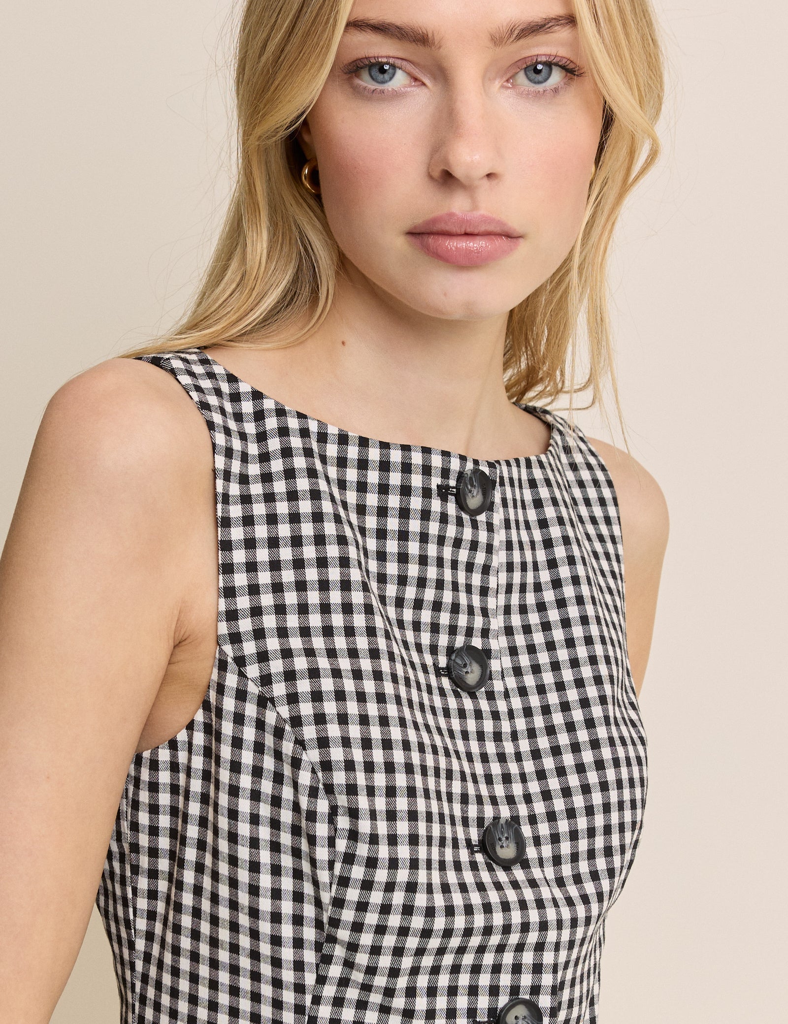 Black Gingham Boat Neck Tailored Mini Dress