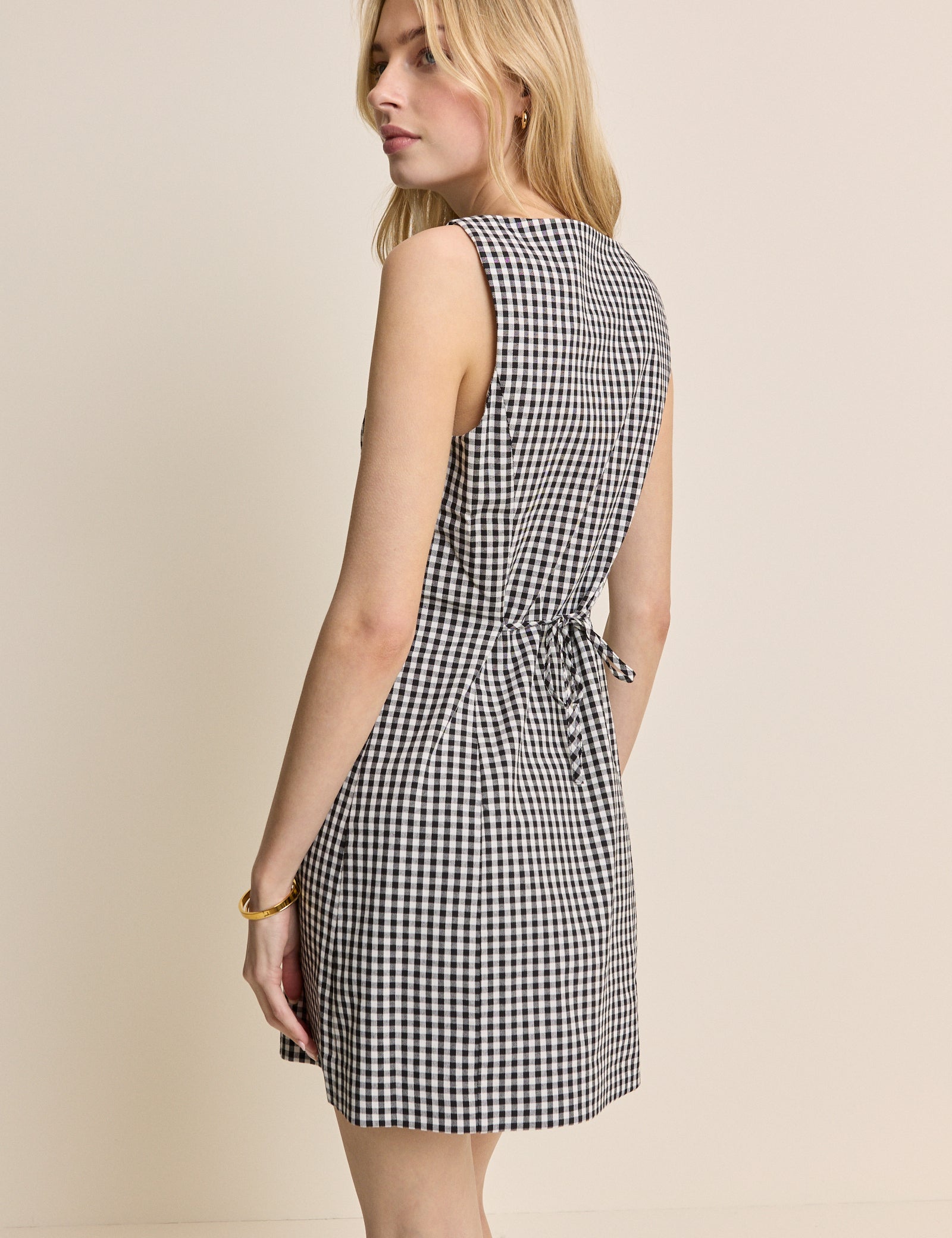 Black Gingham Boat Neck Tailored Mini Dress