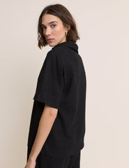 Black Collared Linen-Blend T-Shirt