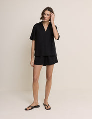 Black Collared Linen-Blend T-Shirt