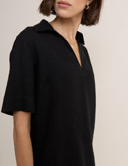 Black Collared Linen-Blend T-Shirt