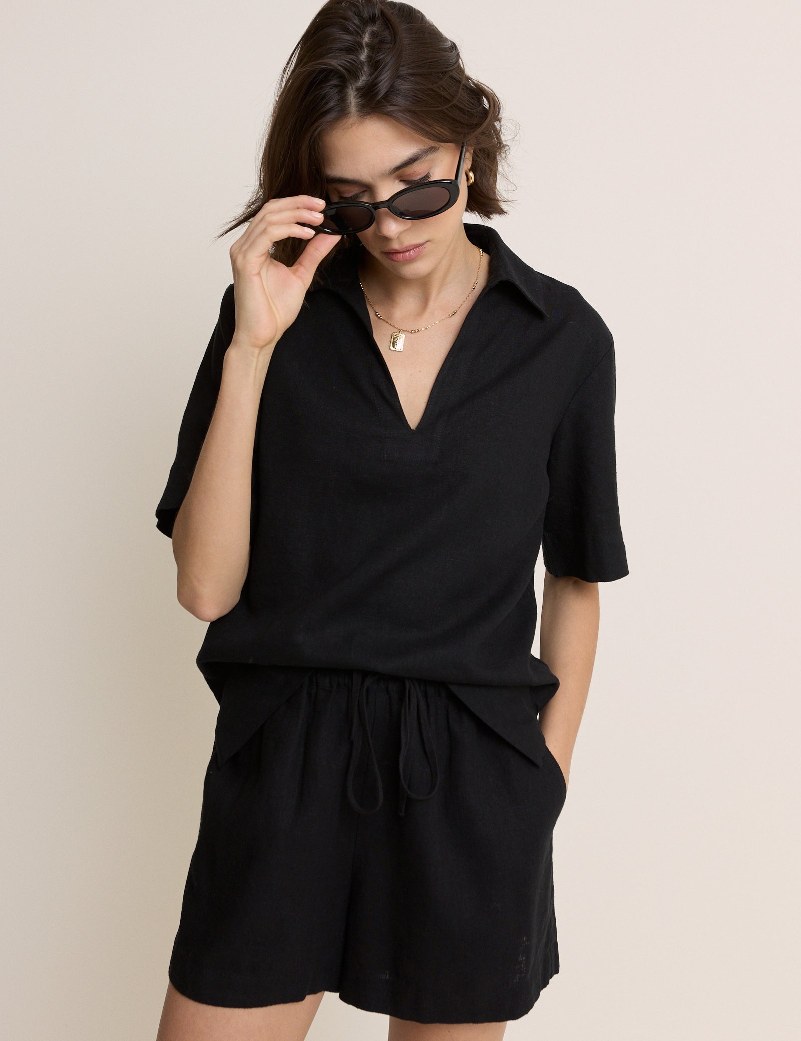 Black Collared Linen-Blend T-Shirt