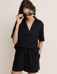 Black Collared Linen-Blend T-Shirt