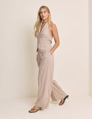 Beige Linen-Blend Halterneck Moss Waistcoat