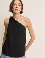 Black Linen-Blend One Shoulder Twisted Top