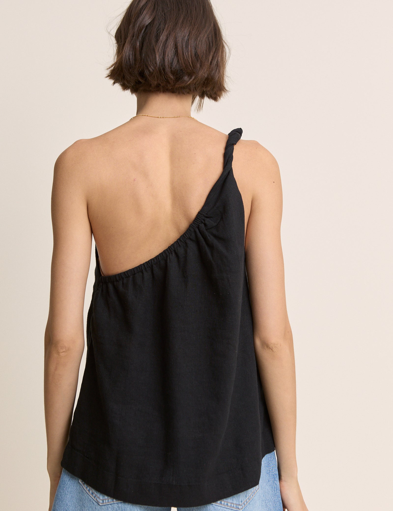 Black Linen-Blend One Shoulder Twisted Top