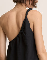 Black Linen-Blend One Shoulder Twisted Top