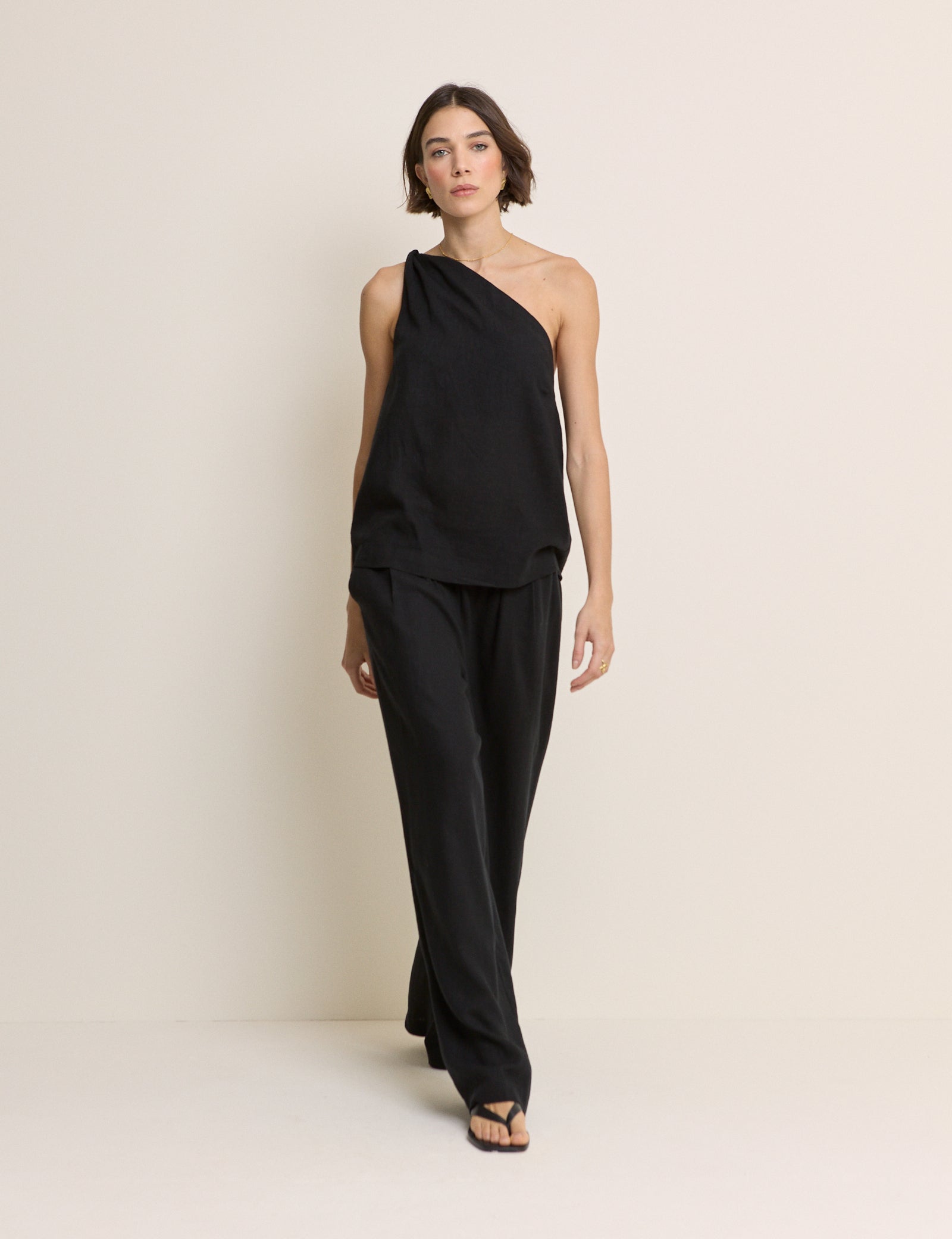 Black Linen-Blend One Shoulder Twisted Top