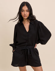Black Linen-Blend Tie Detail Pull On Shorts