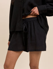 Black Linen-Blend Tie Detail Pull On Shorts