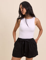 Black Linen-Blend Tie Detail Pull On Shorts