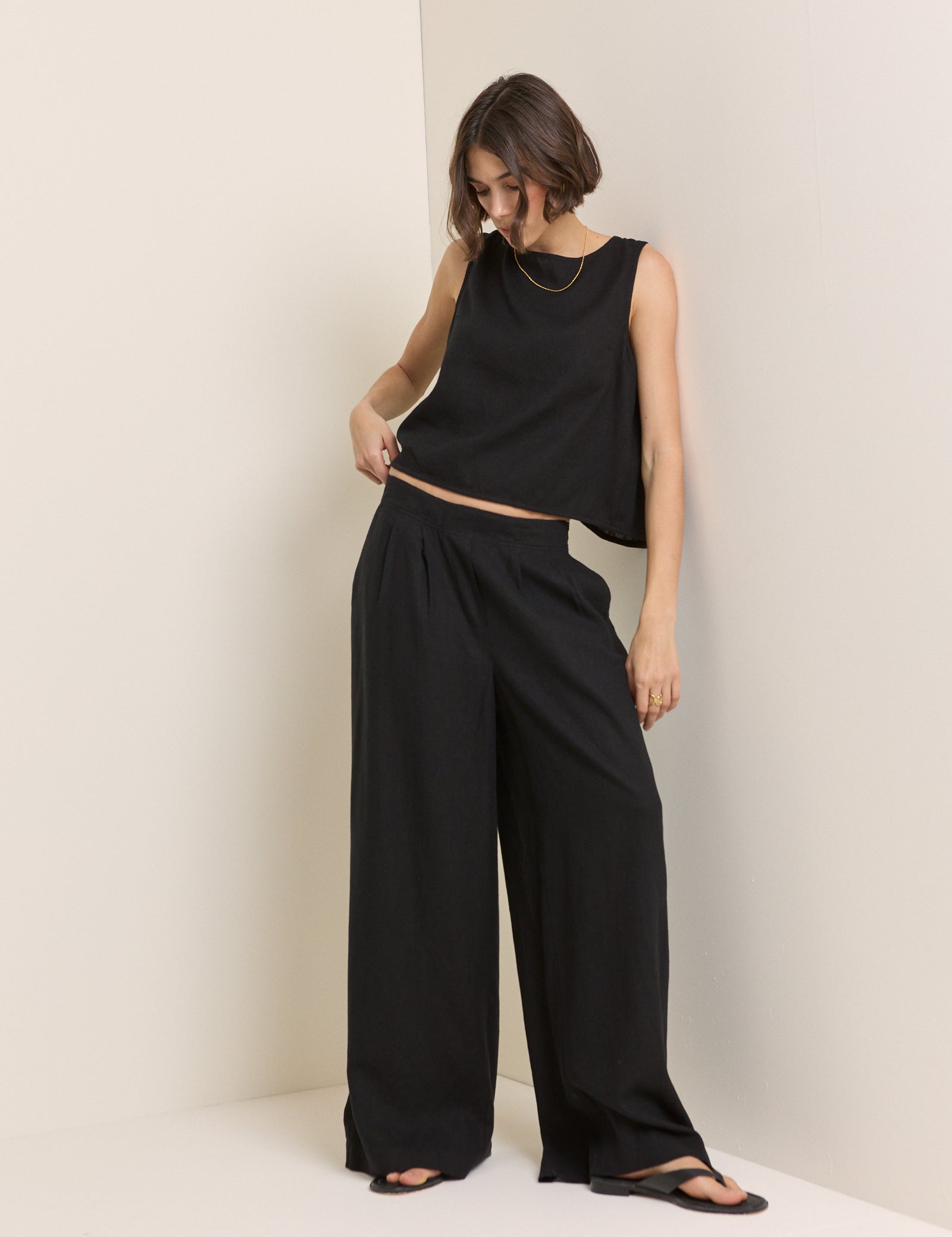 Black Linen-Blend Wide Leg Trousers