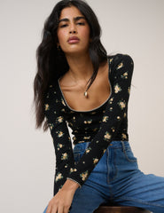 Black Floral Whipstitch Pointelle Scoop Neck Top