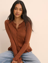 (HOLD) Brown Rib and Ruffle Sheer Knit Cardigan