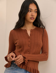 (HOLD) Brown Rib and Ruffle Sheer Knit Cardigan