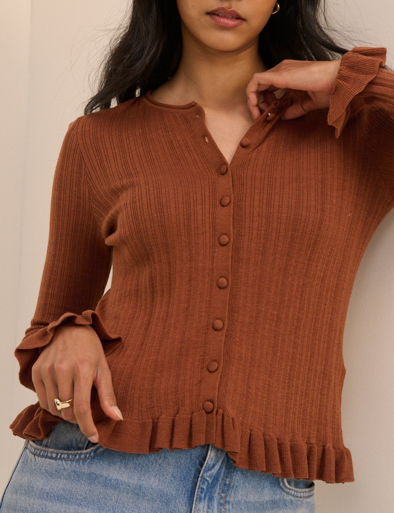 (HOLD) Brown Rib and Ruffle Sheer Knit Cardigan