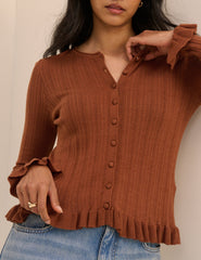 (HOLD) Brown Rib and Ruffle Sheer Knit Cardigan