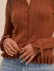(HOLD) Brown Rib and Ruffle Sheer Knit Cardigan