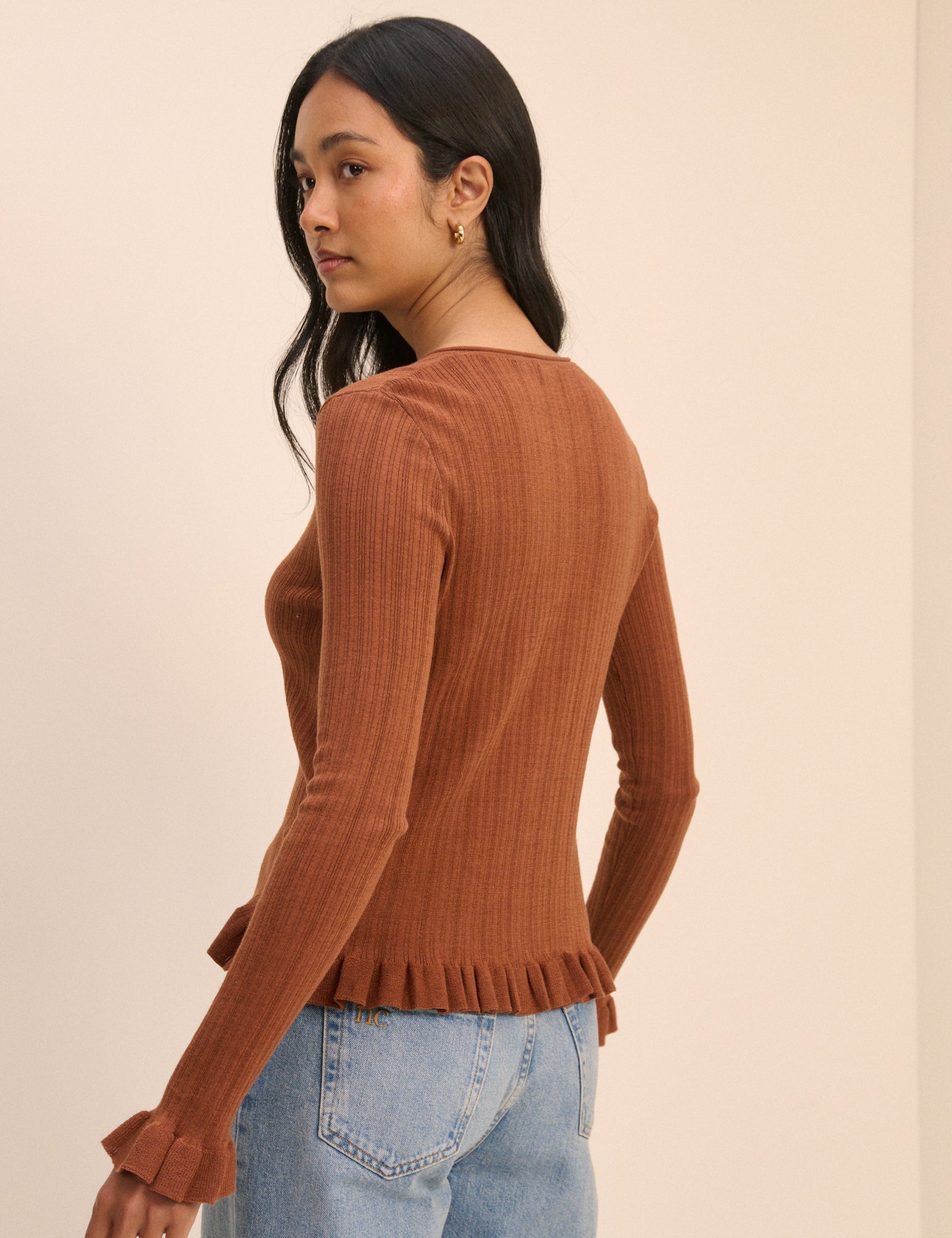 (HOLD) Brown Rib and Ruffle Sheer Knit Cardigan