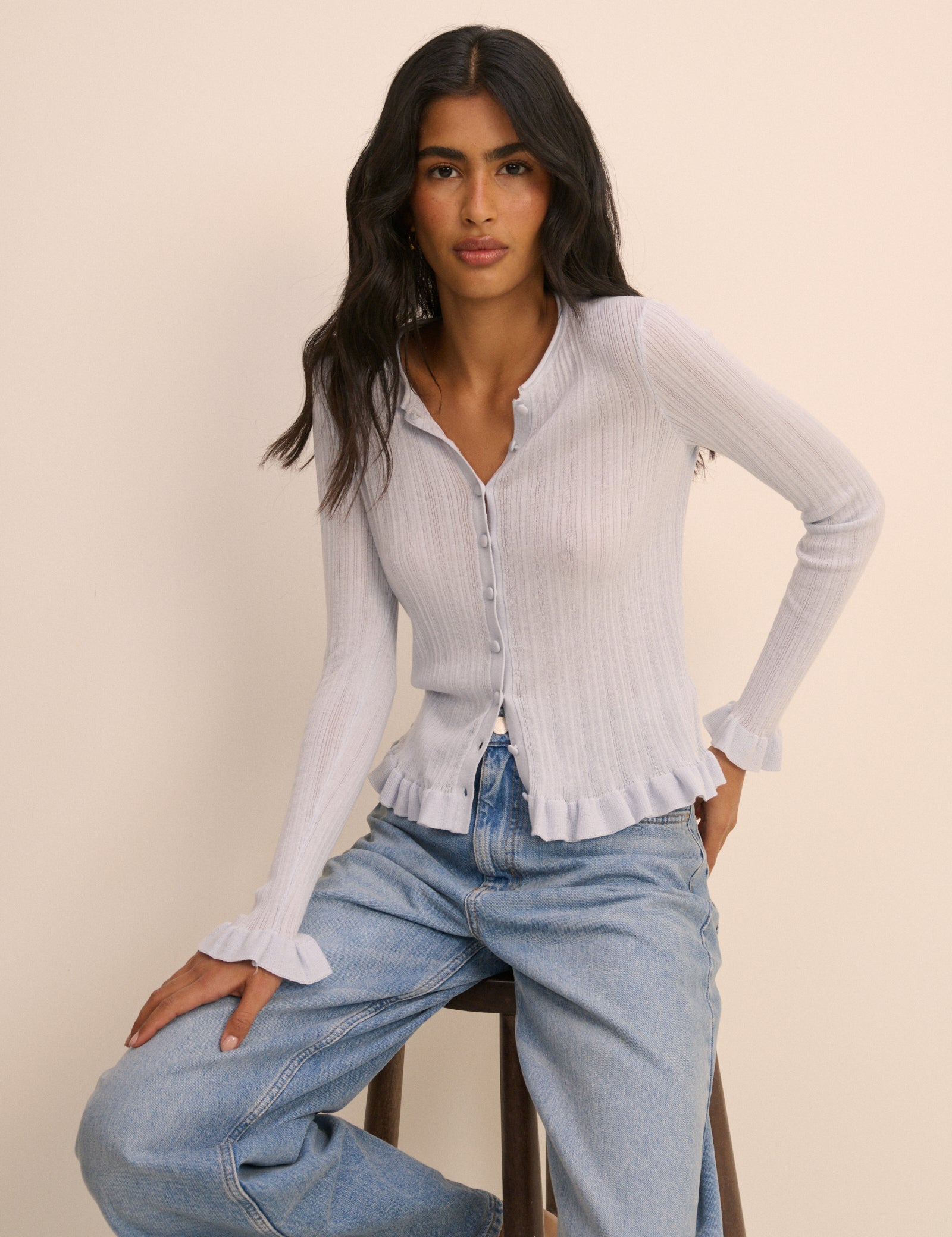 Baby Blue Rib and Ruffle Sheer Knit Cardigan