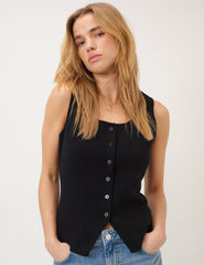 Black Scoop Neck Button Through Sleeveless Top