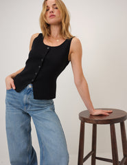 Black Scoop Neck Button Through Sleeveless Top