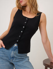 Black Scoop Neck Button Through Sleeveless Top